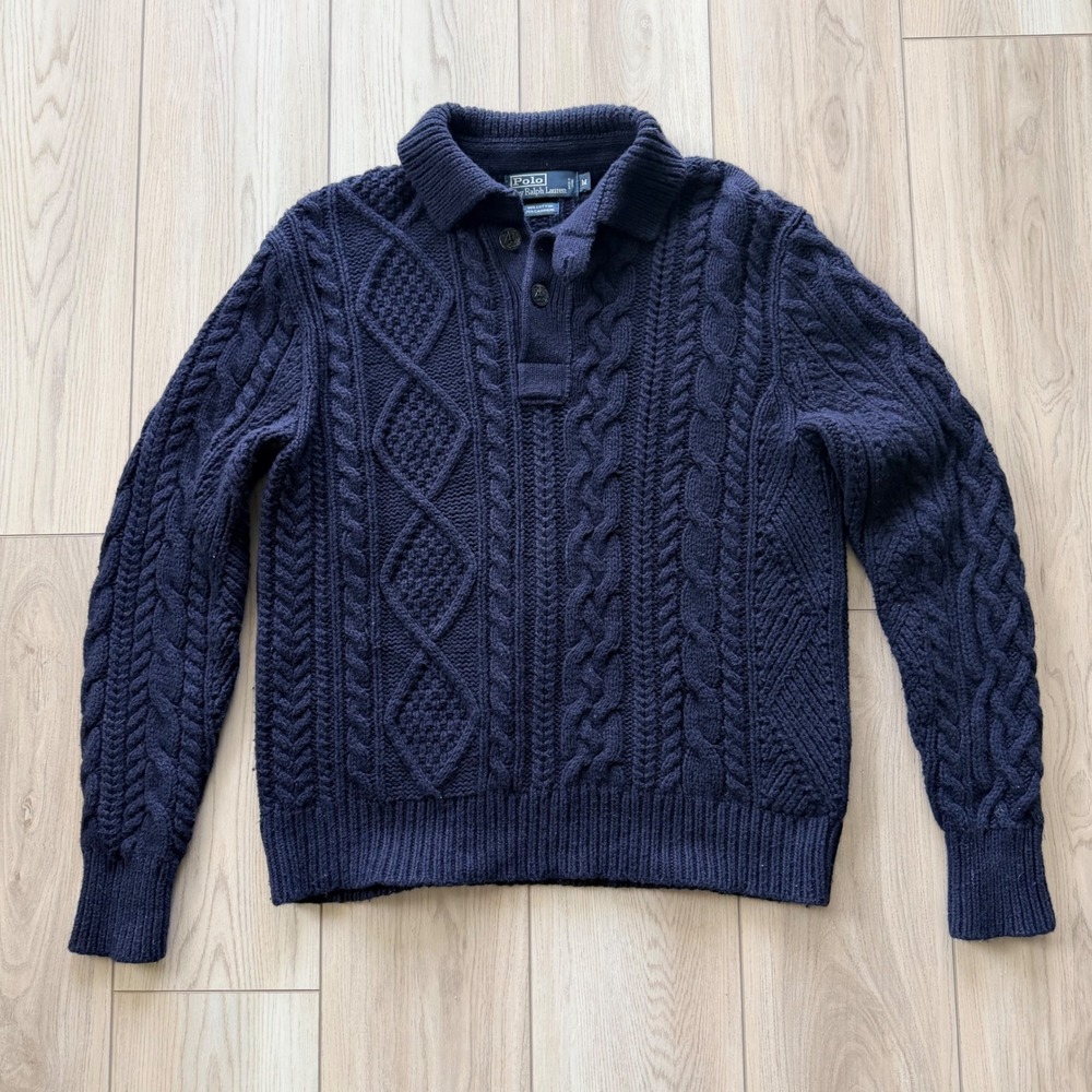 Vintage Polo Ralph Lauren Cable Knit Sweater M Navy Blue Cotton Cashmere Blend